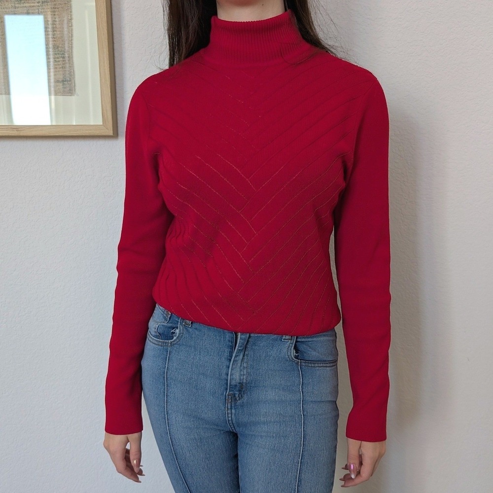 CYRUS Red Turtleneck‎ Sweater Herringbone Eyelet Pattern Women's M Gilmore Girls